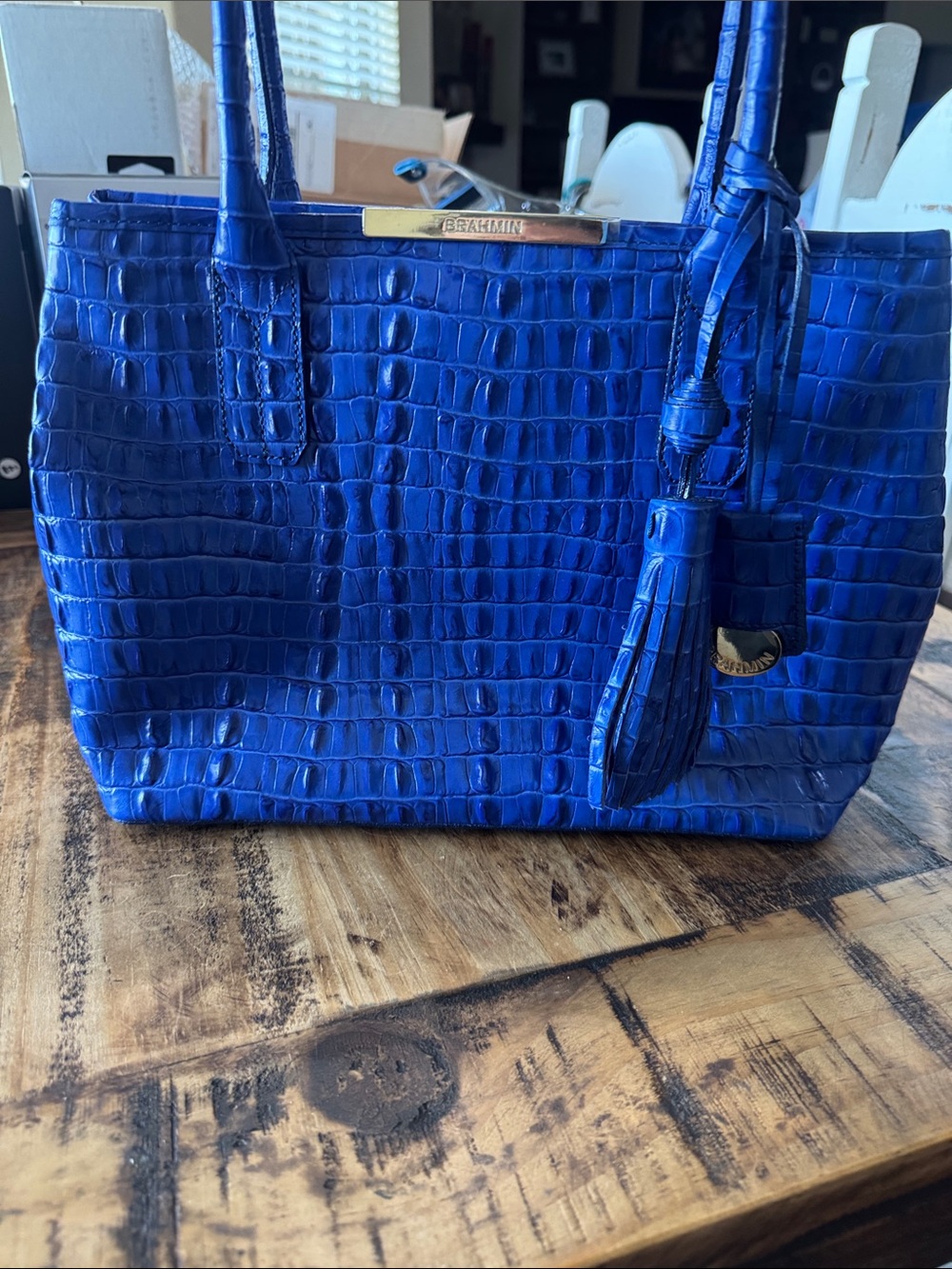 Brahmin Royal Blue Croc-Embossed Leather Tote